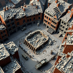 A highly detailed isometric view of a devastated European city after a major war, inspired by classic early 2000s real-time strategy game environments.  A large abandoned urban intersection with narrow cobblestone streets, heavily damaged brick buildings, partially collapsed roofs, exposed interiors, shattered walls and piles of rubble. A large bomb crater surrounded by wooden construction supports and broken pavement in the middle of the scene.  Ruined multi-story European townhouses, fragments of stone staircases, broken iron fences, old street lamps, damaged sidewalks and scattered debris. A few abandoned military objects partially buried in the rubble.  Authentic World War II-era European architecture, realistic destruction, muted earthy colors, dusty gray and brown tones, weathered brick and stone textures.  **Camera and composition:** Fixed orthographic isometric camera, elevated 45-degree viewing angle, looking diagonally down at the city. Wide environmental overview showing several city blocks. No perspective distortion, no horizon, no sky.  **Visual style:** Highly detailed pre-rendered strategy game environment, realistic hand-crafted 3D assets, gritty textures, atmospheric ambient occlusion, soft overcast daylight, subtle cinematic shadows, sharp architectural details, realistic environmental storytelling.  The entire image should resemble a playable map from a classic isometric tactical strategy game.  No modern buildings, no futuristic technology, no colorful fantasy elements, no interface, no text, no HUD.
