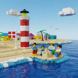 urlaubsszene, Meer , Strand,  leuchtturm,  Dänemarkflagge, familie Vater, Mutter, 2 Kinder (Junge & Mädchen)  alle dunkelhaarig