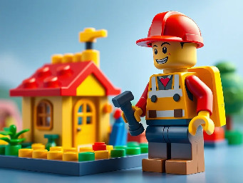 builder that invite children to build with him a playground house, in realistic lego design, simpel with out many things