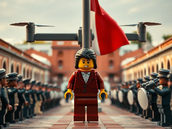 Documentary-style video sequence. Aerial drone shot descending slowly over the Zócalo of Tlaxcala, Mexico. At the center, a LEGO-style character (yellow skin, long dark hair, maroon suit with white shirt) carries the Mexican flag with dignity. The drone lowers until it meets the character walking calmly toward the flagpole. On both sides, local citizens respectfully salute the Mexican flag, while a military band plays drums and bugles in steady rhythm. The main character completes the walk and positions himself at the flagpole to raise the flag. Camera transitions include subtle speed ramps for natural pacing. Lighting remains warm and natural, highlighting the authentic atmosphere of civic pride and community participation.