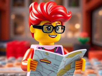 The image has a cartoonish and Lego aesthetic with a bright and colourful Lego female trans character wearing an LGBTQ+ badge and wearing glasses who had vivid red neon hair smiling holding a map and looking thoughtfully up and to the right
