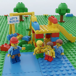 builder that invite children to build with him a playground house, in realistic lego design, simpel with out many things