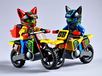 The two pilots Motocross: the red fox with the Monster Energy Kawasaki yellow and blue suit Motocross and the Monster Energy black and red helmet Motocross driving the team Monster Energy Kawasaki Motocross number 1 and the black fox with the Monster Energy Kawasaki yellow and blue suit Motocross and the Monster Energy black and blue helmet Motocross driving the team Monster Energy Kawasaki Motocross number 108.