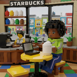 A brown coloured girl with black small afro hair drinking latte at starbucks in jogging cloth