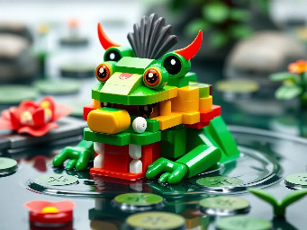 big Lego Kappa (japanese yokai) with a frog nose and a tonsure in a pond