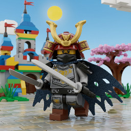 Medieval knight with samurai kabuto helmet, torn cape and two katanas, the lower part of the face is hidden by a ninja scarf