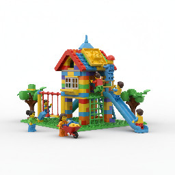 builder how build playground house with children in a simple realistic lego design with a white background