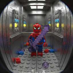 A LEGO Spider-Man minifigure holding a purple minecraft sword in a realistic elevator, Fisheye lens perspective, extreme close-up, 3D render, realistic glossy plastic texture