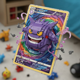 a full art Pokemon card of the Pokemon Gengar. he is warping the card while trying to escape