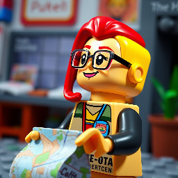 The image has a cartoonish and Lego aesthetic with a bright and colourful Lego female trans character wearing an LGBTQ+ badge and wearing glasses who had vivid red neon hair smiling holding a map and looking thoughtfully up and to the right