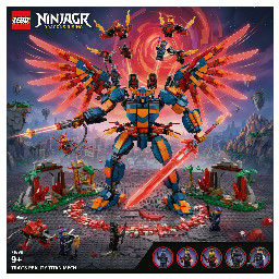 a lego ninjago dragons rising set thats a mech called trays reality titan mech with a dragon drone belt back blasters and wings and a sword and the glow is red and make 6 pictures of it