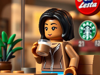 A brown coloured girl with black small  hair drinking latte at starbucks in jogging cloth