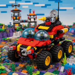 lego spyrius terraine vehicle, red and black color, transparent dark-blue canopies