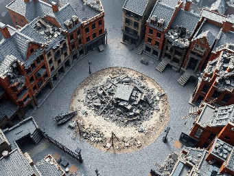 A highly detailed isometric view of a devastated European city after a major war, inspired by classic early 2000s real-time strategy game environments.  A large abandoned urban intersection with narrow cobblestone streets, heavily damaged brick buildings, partially collapsed roofs, exposed interiors, shattered walls and piles of rubble. A large bomb crater surrounded by wooden construction supports and broken pavement in the middle of the scene.  Ruined multi-story European townhouses, fragments of stone staircases, broken iron fences, old street lamps, damaged sidewalks and scattered debris. A few abandoned military objects partially buried in the rubble.  Authentic World War II-era European architecture, realistic destruction, muted earthy colors, dusty gray and brown tones, weathered brick and stone textures.  **Camera and composition:** Fixed orthographic isometric camera, elevated 45-degree viewing angle, looking diagonally down at the city. Wide environmental overview showing several city blocks. No perspective distortion, no horizon, no sky.  **Visual style:** Highly detailed pre-rendered strategy game environment, realistic hand-crafted 3D assets, gritty textures, atmospheric ambient occlusion, soft overcast daylight, subtle cinematic shadows, sharp architectural details, realistic environmental storytelling.  The entire image should resemble a playable map from a classic isometric tactical strategy game.  No modern buildings, no futuristic technology, no colorful fantasy elements, no interface, no text, no HUD.