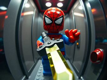 A LEGO Spider-Man minifigure holding an enchanted minecraft sword in an elevator, Fisheye lens perspective, extreme close-up, 3D render, realistic glossy plastic texture