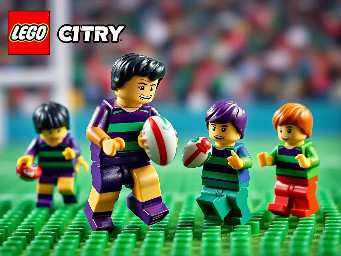 Rugby men, women, and kids having fun with kit colours dark purple and green