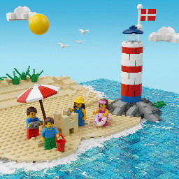 urlaubsszene, Meer , Strand,  leuchtturm,  Dänemarkflagge, familie Vater, Mutter, 2 Kinder (Junge & Mädchen)  alle dunkelhaarig