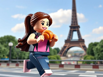 A brunette woman running a marathon while eating a croissant with the eiffel tower behind her
