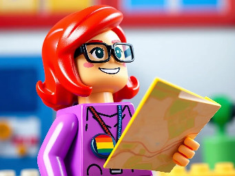 The image has a cartoonish and Lego aesthetic with a bright and colourful Lego female trans character wearing an LGBTQ+ badge and wearing glasses who had vivid red neon hair smiling holding a map and looking thoughtfully up and to the right