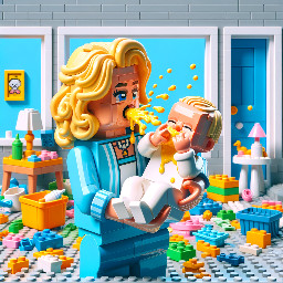 a blonde woman holding a baby that is spitting up on her in a disheveled house