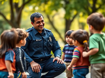 Professional police officer giving an educational talk to children outdoors, friendly and approachable expression, kneeling slightly to speak at the children’s eye level. He is wearing a modern police uniform in hexadecimal color #232439 (very dark blue with a subtle gray tone), with a visible badge and realistic accessories such as a shoulder radio and duty belt. The children are listening attentively, casual clothing, positive and respectful interaction. Park or schoolyard setting with trees in the background, soft natural daylight, photorealistic style, high resolution, sharp focus, detailed fabric texture on the uniform, warm and community-oriented atmosphere, cinematic depth of field, sense of trust and mentorship.