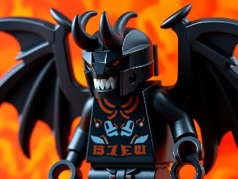 make an image of a lego version of the revenant demon from DOOM 2016, orange demonic background, image profile from the front, chest upwards only
