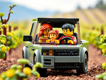 Mm and dad with toddler daughter and son in Range Rover in vineyard