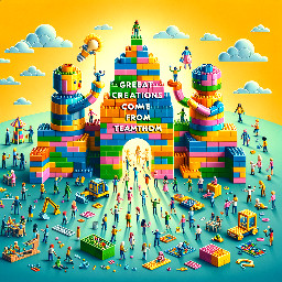 Create a lego image with the concept “Great Creations Come From Teamworke” basically focusing on collectivism (i.e. an group of people together Lego block togethere) with motivation “Share Idead Togetehr”