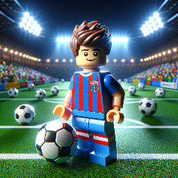 “LEGO minifigure of Pau Cubarsí, young FC Barcelona defender, wearing Barcelona home kit (blue and red stripes), realistic LEGO style, detailed face resembling Cubarsí, short brown hair, confident expression, standing on a football pitch, holding a soccer ball, stadium lights in the background, highly detailed, cinematic lighting, 4K, sharp focus” Realista