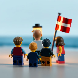 Meer , Strand,  leuchtturm,  Dänemarkflagge, Vater, Mutter, 2 Kinder,  alle dunkelhaarig und von hinten zu sehen