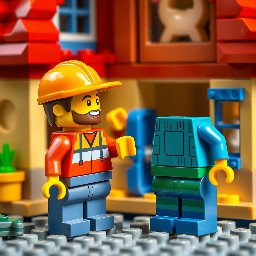 builder that invite children to build with him a playground house, in realistic lego design, simpel with out many things