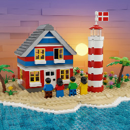 Urlaubsszene, Meer , Strand, Haus, Leuchtturm,  Dänemarkflagge, familie mit mutter, vater, sohn und tochter, alle sind dunkelhaarig und nur von hinten zu sehen