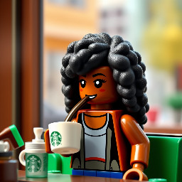 A brown coloured girl with black afro hair drinking latte at starbucks