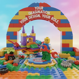 Create a lego image with the concept “Your imagination. your design. Your role” basically focusing on individualism (i.e. an individual standing and building with Lego block alone) with motivation “Your Lego”