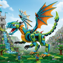 A Lego dragon with 8 legs 2 wing sets and and a scorpion tail