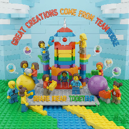 Create a lego image with the concept “Great Creations Come From Teamworke” basically focusing on collectivism (i.e. an group of people together Lego block togethere) with motivation “Share Idead Togetehr”