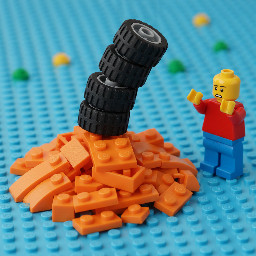 pile of orange pieces and 4 wheels stacked, confused minifigure at the right