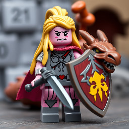 knight with long blond hair, one-shoulder armor, pink skin, long sword and shield with an old dragon