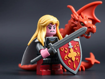 knight with long blond hair, one-shoulder armor, pink skin, long sword and shield with an old dragon
