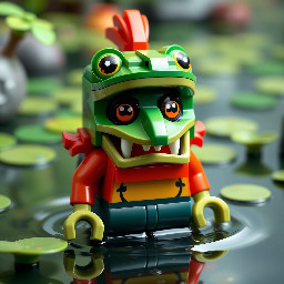 big Lego Kappa (japanese yokai) with a frog nose and a tonsure in a pond