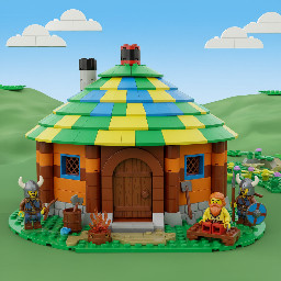 generate me a 16 wide 8 tall lego iron age roundhouse