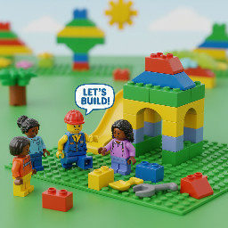 builder that invite children to build with him a playground house, in realistic lego design, simpel with out many things