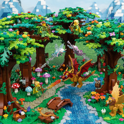 Lego-style fantasy forest with elves, fairies, and magical creatures.
