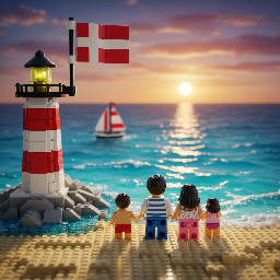 Meer , Strand,  leuchtturm,  Dänemarkflagge, Vater, Mutter, 2 Kinder,  alle dunkelhaarig und von hinten zu sehen