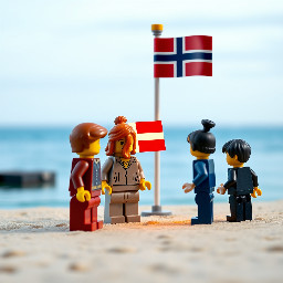 Meer , Strand,  leuchtturm,  Dänemarkflagge, Vater, Mutter, 2 Kinder,  alle dunkelhaarig und von hinten zu sehen