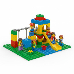 builder how build playground house with children in a simple realistic lego design with a white background