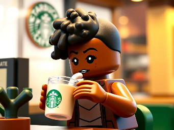 A brown coloured girl with black small afro hair drinking latte at starbucks