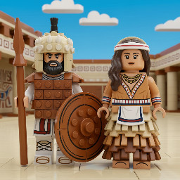 Two figures standing side by side, strict Bronze Age Mycenaean Aegean design only. Absolutely no Classical Greek, Hellenistic, Roman, or later elements.Left – Odysseus: Mature warrior with a strong angular face, full dark beard and no mustache, deep-set intense eyes, weathered skin, determined expression. Authentic Mycenaean boar-tusk helmet: rounded leather or bronze base covered in horizontal rows of carefully cut and arranged white boar tusks forming raised ridges and bands, topped with a high crest holder supporting a thick flowing black horsehair plume. Solid one-piece bronze cuirass (bell-shaped torso armor) covering the chest and back, heavily embossed with multiple horizontal rows of raised circular bosses and studs, decorative horizontal ridges and bands around the midsection and lower edge, slightly flared bottom, arm openings, and a short neck opening. Short white linen tunic visible at the neck and upper arms. White fringed kilt with hanging fabric strips and reddish accents at the waist. White fitted greaves with horizontal straps. Soft light-brown laced ankle boots. Large circular orange-bronze shield with concentric decorative rings and a central protruding spike boss. Long wooden spear with leaf-shaped bronze spearhead.Right – Penelope: Elegant mature woman with a refined oval face, large dark eyes, straight nose, calm composed expression, soft features. Dark brown hair pulled back under a soft beige fabric head covering and a white headband with a thin red stripe, long wavy locks falling over the shoulders. Multiple layered gold necklaces of varying lengths and a gold bracelet. Tight-fitting short-sleeved bodice in warm tan-orange fabric that closely follows the torso, featuring a deep plunging V-neckline bordered by a continuous white inner trim and a parallel outer red trim that runs from the shoulders down the front and around the neckline; matching white-and-red horizontal striped bands decorate the short sleeve cuffs. White waist sash or short apron tied at the midriff with blue and dark edging. Extremely detailed long multi-tiered flounced skirt: successive horizontal layers in graduated shades of beige, tan, light brown and deeper brown; each tier edged with a dark blue or black band above a white band; every flounce ends in a dense fringe of long hanging fabric strips and fine tassels that overlap the tier below; the lowest tier reaches the ankles with a final solid brown band and fringe. Bare feet.Strict historical Mycenaean/Minoan Bronze Age reconstruction: boar-tusk helmet, solid embossed bronze cuirass, multi-flounced fringed skirts, fitted open-front bodices, warm earthy palette of golden-bronze, tan, cream, muted red and blue. No scale armor, no muscle cuirass, no Corinthian helmet, no classical drapery, no marble-statue aesthetic. Highly detailed, accurate side-by-side full-body view.