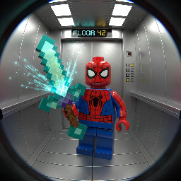 A LEGO Spider-Man minifigure holding an enchanted minecraft sword in a realistic elevator, Fisheye lens perspective, extreme close-up, 3D render, realistic glossy plastic texture