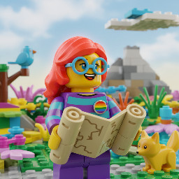 The image has a cartoonish and Lego aesthetic with a bright and colourful Lego female trans character wearing an LGBTQ+ badge and wearing glasses who had vivid red neon hair smiling holding a map and looking thoughtfully up and to the right